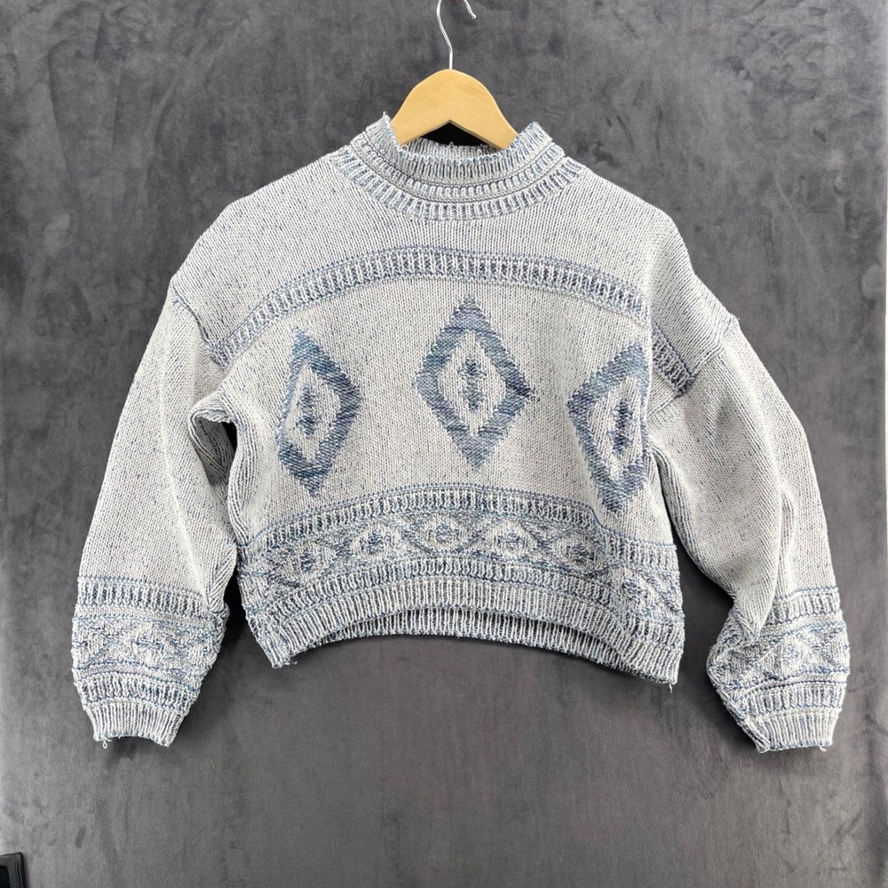 Vintage David Brett Blue White Diamond Knit Mock Neck Sweater Made in USA